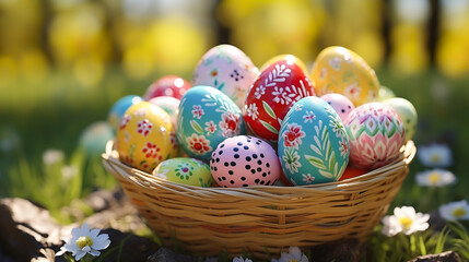 Easter eggs colorfully painted in the Easter nest - greeting card - Easter eggs colored by children - colorful easter eggs for greetings
