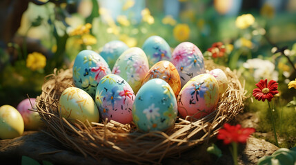 Fototapeta na wymiar Easter eggs colorfully painted in the Easter nest - greeting card - Easter eggs colored by children - colorful easter eggs for greetings