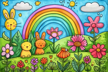 Cartoon cute doodles of playful springtime scenes, with smiling flowers, hopping bunnies, and colorful rainbows, Generative AI