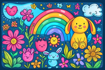 Cartoon cute doodles of playful springtime scenes, with smiling flowers, hopping bunnies, and colorful rainbows, Generative AI
