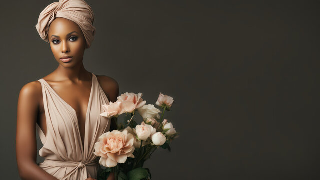 Elegant Woman with a Headwrap Holding Peach Roses, Open Empty Text Copy Space Used for a Poster, Announcement, Invitation, or Sign