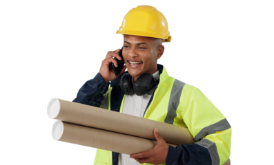 Engineering, planning and man with phone call for construction, communication or blueprint. Building, ideas and chat with smartphone on industrial project on transparent, isolated or png background