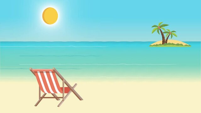Relaxing Day in Paradise Beach Animated Illustration Cartoon. Beautiful Sea Sand Background with Relaxing Chair. Vacation and Summer Holidays. 