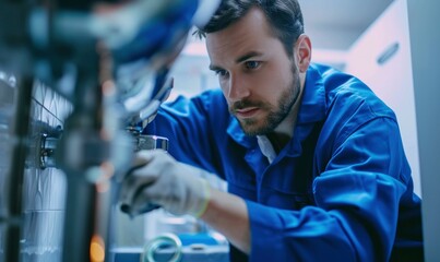 Plumber in blue suit checking or fixing water tubes in heating system in technician room