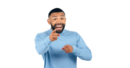 Happy, portrait and man with hands pointing for decision and choice for recruitment or opportunity. Brazil model, face or excited for winner or achievement or isolated on a transparent png background