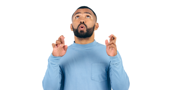 Man, fingers crossed and hope for luck or miracle, wish and hand gesture for bonus or betting game. Model, praying and thinking of lucky numbers for lotto and isolated on a transparent png background