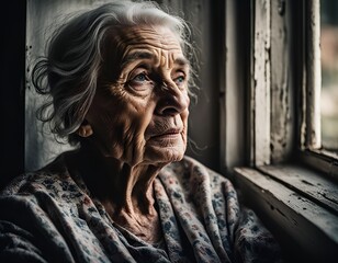 Extreme loneliness and sadness of an elderly woman, portrait of an old woman, loneliness and old age, ending up alone