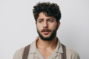 Fototapeta premium Person handsome attractive portrait young isolated caucasian background male adult casual face guy expression men
