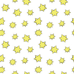 Seamless pattern of yellow stars in doodle flat style. Simple color background and texture on theme of night sky, space, astronomy, kids design