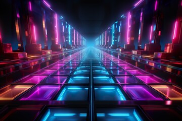 3d render, abstract neon background, pink blue lights isolated on black, reflecting floor