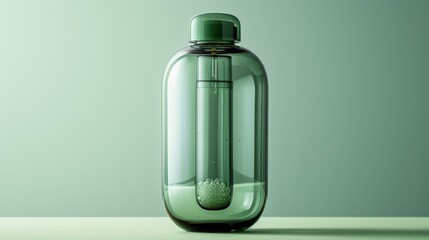  a close up of a bottle with a liquid inside of it on a table with a green wall in the background.