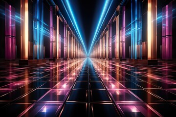 3d render, abstract neon background, pink blue lights isolated on black, reflecting floor