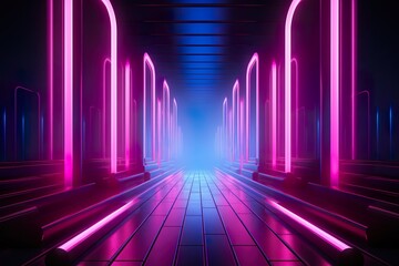 3d render, abstract neon background, pink blue lights isolated on black, reflecting floor
