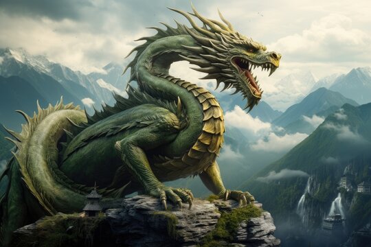 A green dragon sitting on top of a mountain. The dragon is very large, with sharp teeth and claws. It has a long tail that curls behind it.