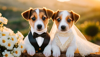 Chiots Jack Russell en tenue de mariage, costume et robe pour ce portrait de chiens posant autour d'un décor de fleurs et coucher de soleil
