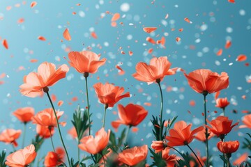 petal flowers confetti falling from a bright blue sky on an autumn or spring professional photography