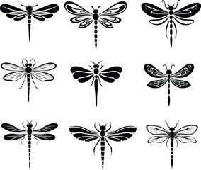 dragonfly silhouette, logo, set vector illustration
