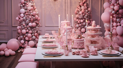 Pink decorations create a magical Christmas atmosphere.