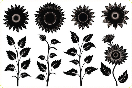 Set of sunflowers silhouette, silhouettes of Sunflower, Set of elements