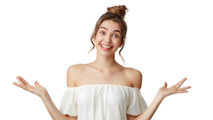 Picture of confused woman dressed in white dress gentile smiling standing over white background gesturing with hands raw style