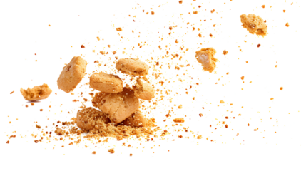 Pile cake crumbs, cookie flying isolated on white, clipping path