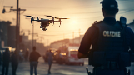 Police officer uses a drone to monitor crowd.