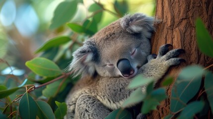 Fototapeta premium a koala sleeping in a tree with its head on top of a tree branch, with its eyes closed.