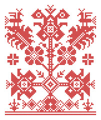 Fototapeta na wymiar World Tree, slavic embroidery ornament and pattern. Symbol of a colossal tree which connects the heavens, the terrestrial world and with roots the underworld. Old sample of a folk sewing motif. Vector