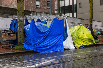 Homeless people's tents in Downtown Portland, Oregon