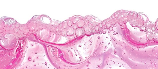 a close up of a pink liquid with bubbles on a white background . High quality
