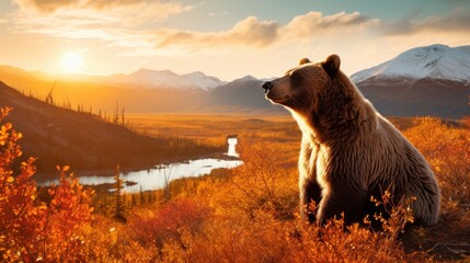  a large brown bear sitting on top of a dry grass field next to a river and mountains in the background. - obrazy, fototapety, plakaty