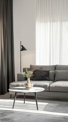 Elegant living room interior with a sofa, a lamp and a table close to a window for natural light