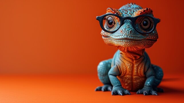 Adorable Dinosaur with Glasses on Vibrant Orange Background