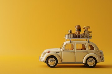 Beige Toy Family Car, on an Isolated Yellow Background, Generative AI