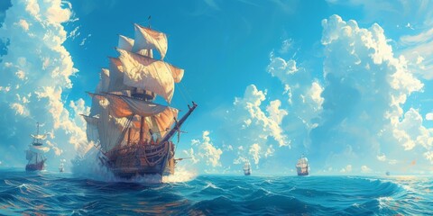Majestic Pirate Ships with Billowing Red Sails Navigate the Turbulent Ocean, Embarking on a Quest for Treasure and Glory, Generative AI