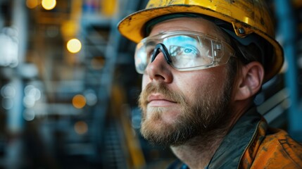 Fototapeta premium Portrait from below of an oil rig worker with glasses, the platform in the background