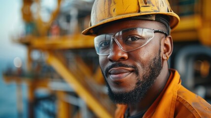 Portrait from below of an oil rig worker with glasses, the platform in the background