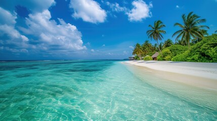 Fototapeta premium a tropical beach with clear blue water and palm trees on the other side of the beach and a hut on the other side of the beach.