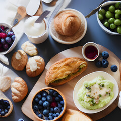A Background with Restaurant, bread, olives, berries, egg, honey, avocado