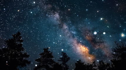 Fototapeta na wymiar Starry Night Sky Over Silhouetted Pine Trees