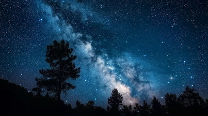 Naklejka premium Starry Night Sky Over Silhouetted Pine Trees