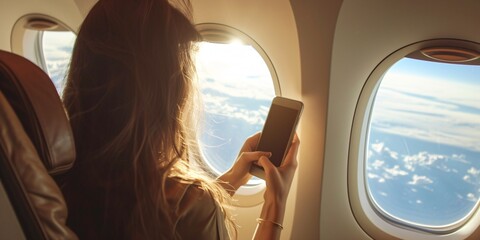 Fototapeta premium A young woman captures the scenic view from her window seat using her mobile device while traveling via airplane.