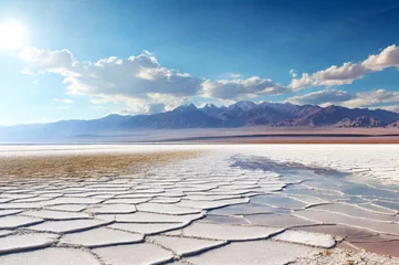 Fotobehang Panoramic landscape photo of wild nature salt flat with mountains, backgrounds. Scenery view of Bolivia natural salt desert wilderness, no people. Bolivian landmarks concept. Copy ad text space © Alex Vog