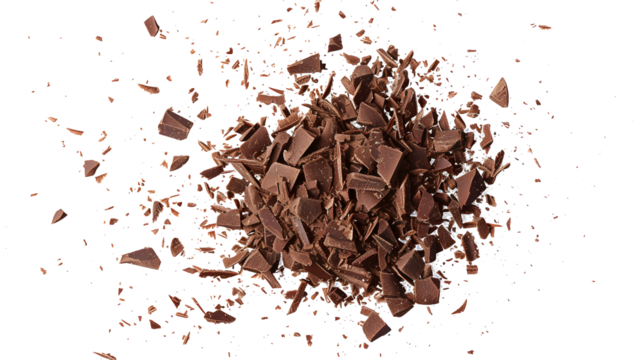 Pile scraped, milled dark chocolate shavings, 70 percent cocoa, isolated on white, top view