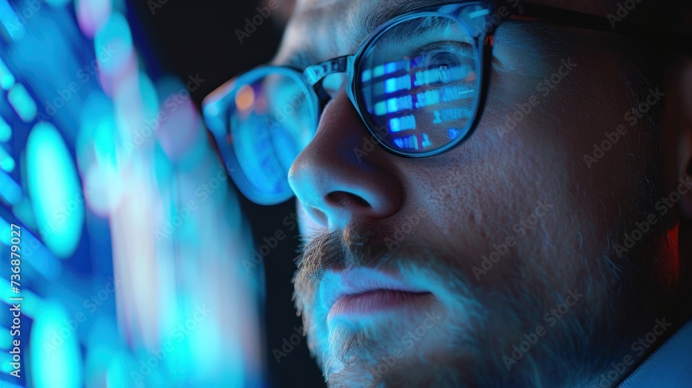 Poster man in glasses standing very close to the screen showing data lysis or numbers. blue. it company.