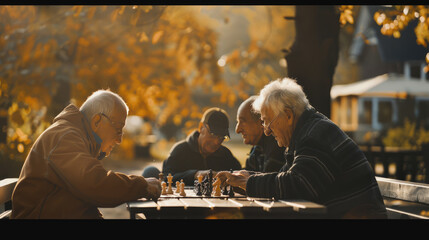 Retired Seniors Enjoying a Friendly Game of Chess at Community Center - obrazy, fototapety, plakaty