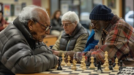 Obraz premium Retired Seniors Enjoying a Friendly Game of Chess at Community Center