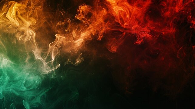 Vibrant abstract smoke in shades of red, green, and brown on a dark backdrop.
