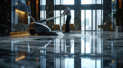 Professional Janitor Polishing Grand Hall Floor
