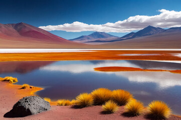 Landscape photo of Laguna Colorada lake with dry vegetation at Andes mountains background. Scenery view of Bolivia in natural wilderness. Bolivian nature landmarks concept. Copy ad text space, poster